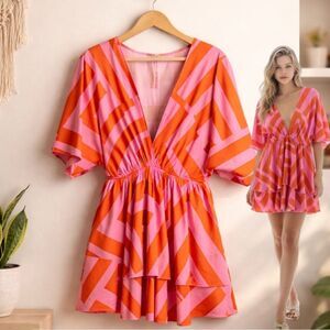 🛍️ Pink orange stripe high, low V-neck midi dress size large